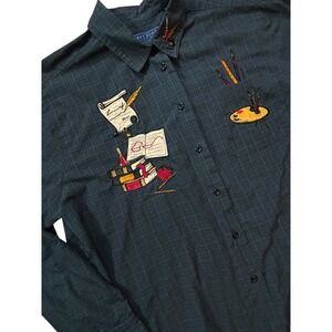 VTG KAREN SCOTT Artist Paint Supplies Embroidered Shirt Blouse Plaid Women XL